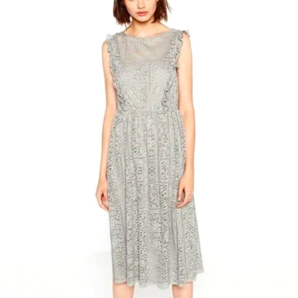 Zara Light Gray Lace Midi Dress with Ruffle Shoulders